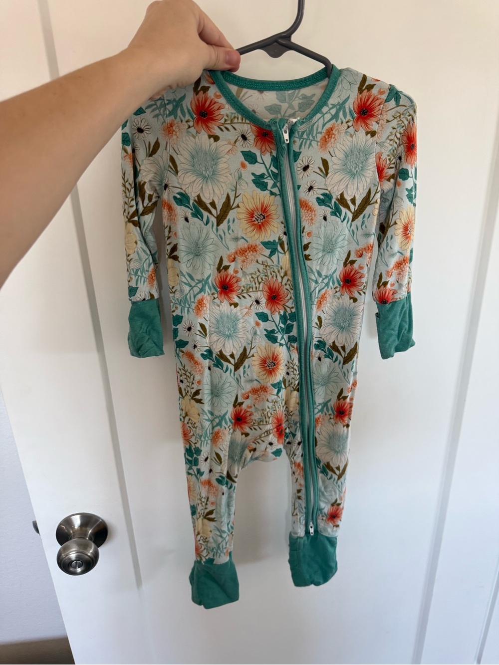 Floral Zip-Front Kids One-Piece Romper in Teal and Coral, bamboo